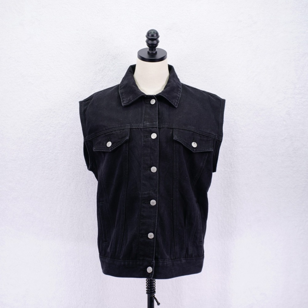 Forever 21 -XS- Black Denim Sleeveless Vest Top Button Front Pockets Collared Co